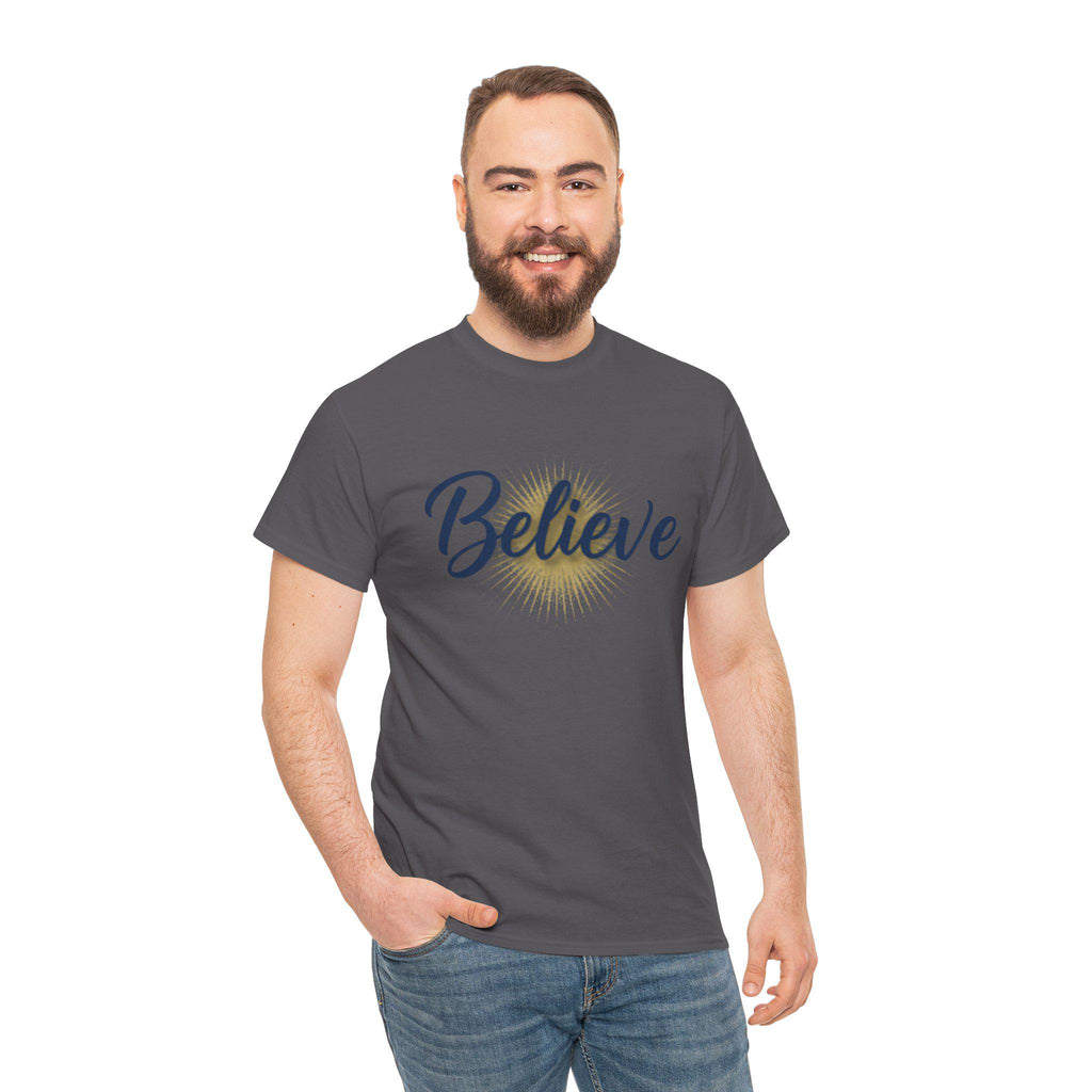 Believe Script Tee | Inspirational lettering, radiant sunburst design