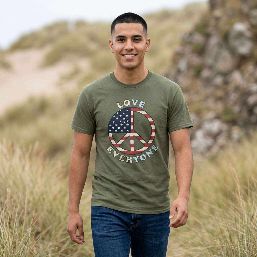 American Flag Peace Sign Love Everyone T-Shirt | Patriotic Peace Tee