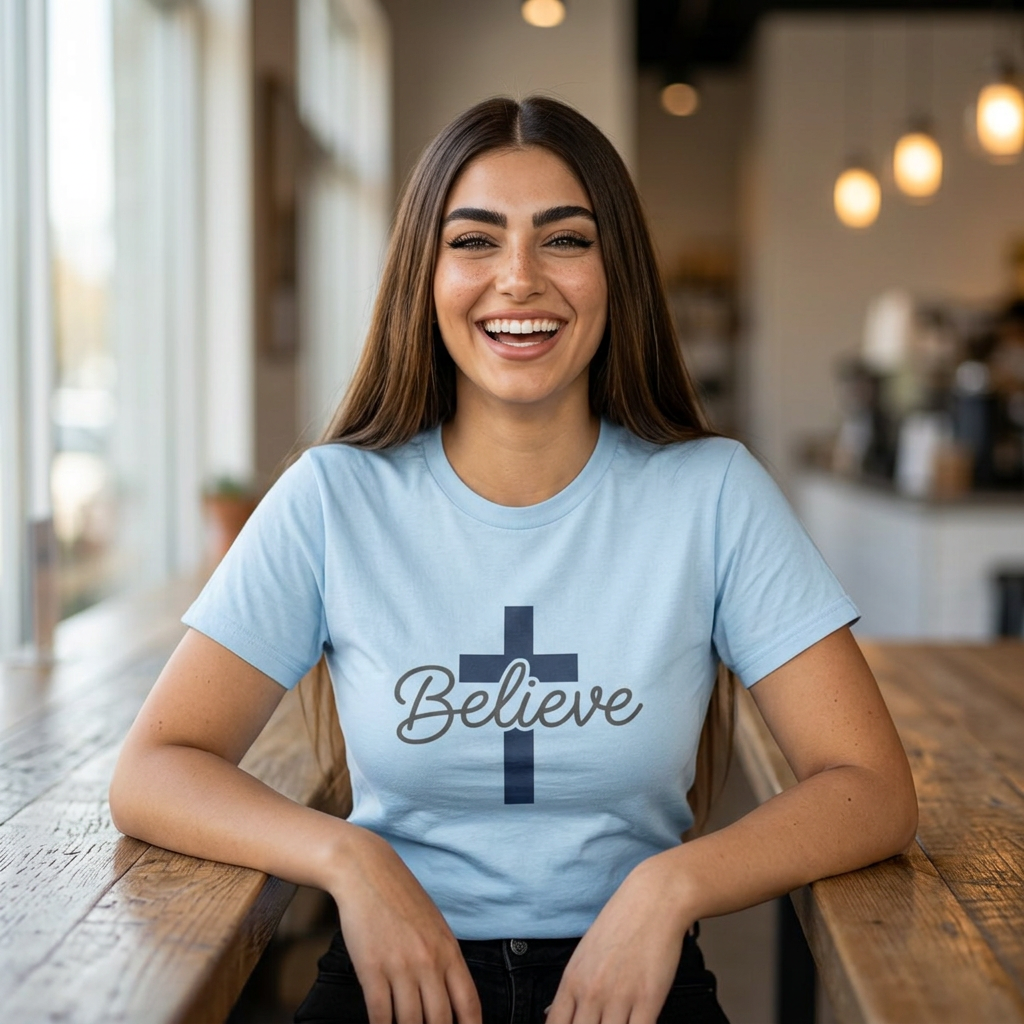 Believe Script Tee | Inspirational lettering, radiant sunburst design