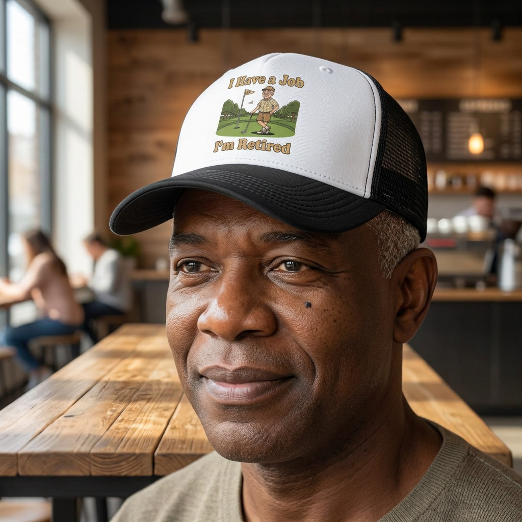 Retired Golfer Trucker Hat — "I Have a Job, I'm Retired" Foam Cap
