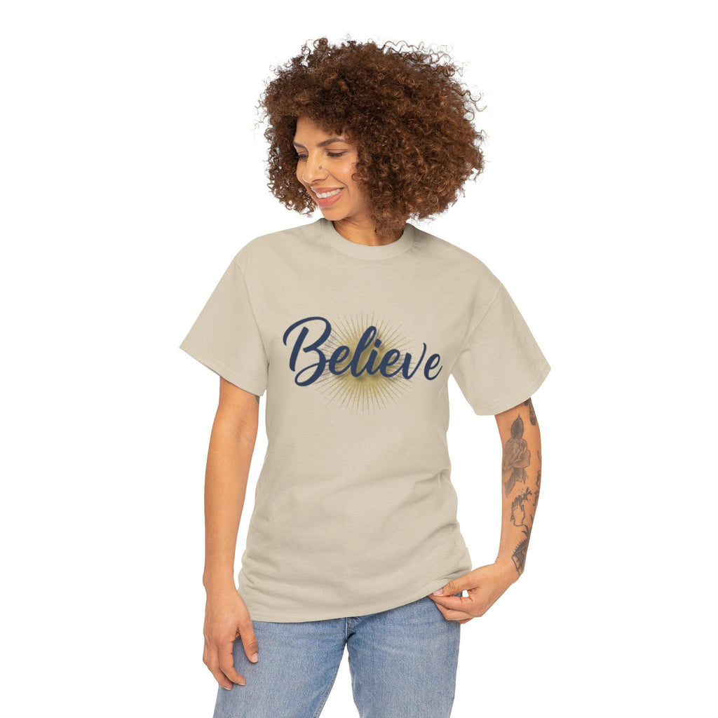 Believe Script Tee | Inspirational lettering, radiant sunburst design