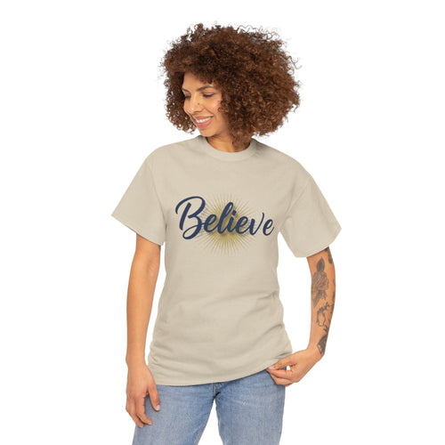 Believe Script Tee | Inspirational lettering, radiant sunburst design