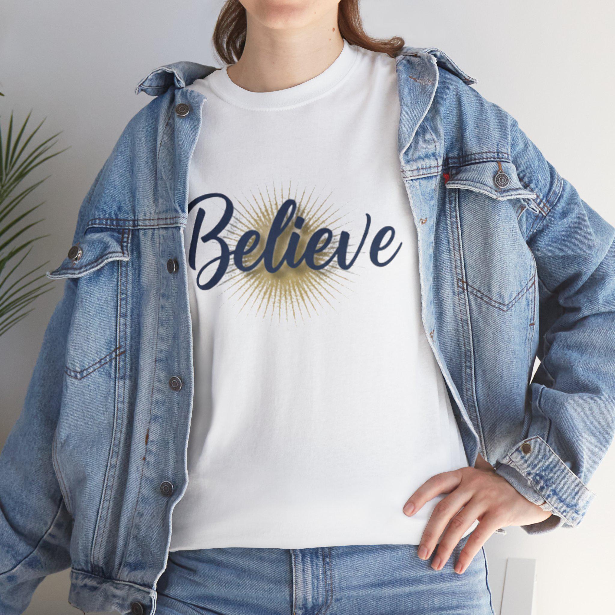 Believe Script Tee | Inspirational lettering, radiant sunburst design