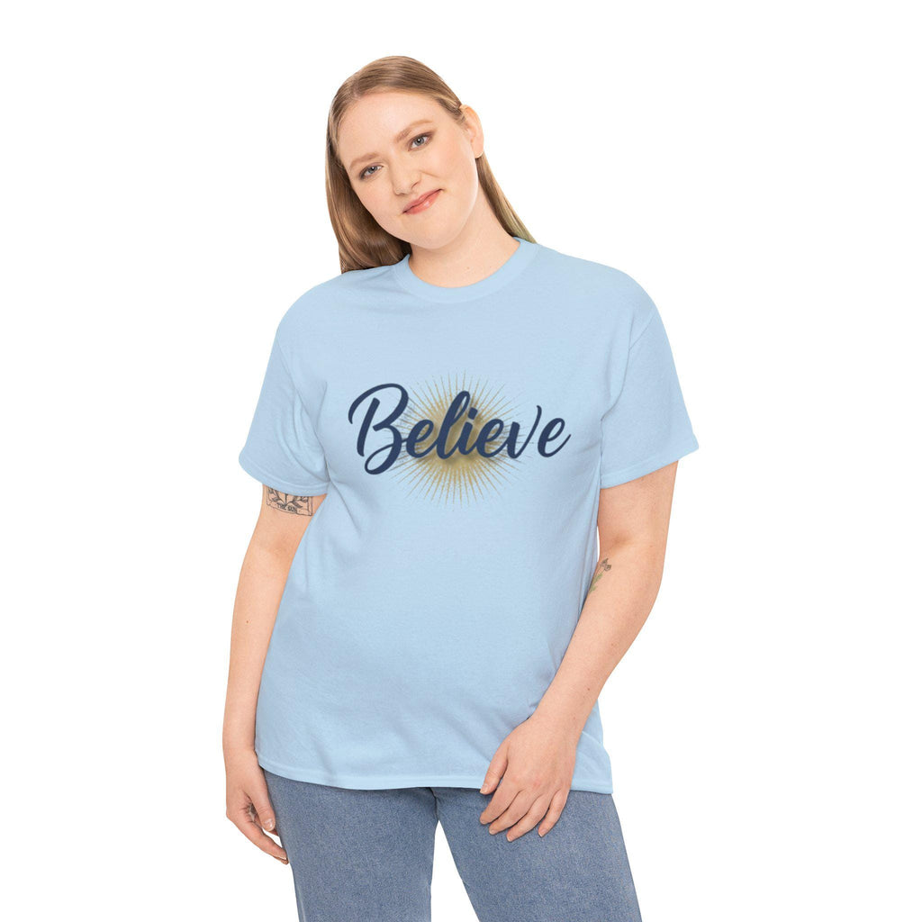 Believe Script Tee | Inspirational lettering, radiant sunburst design